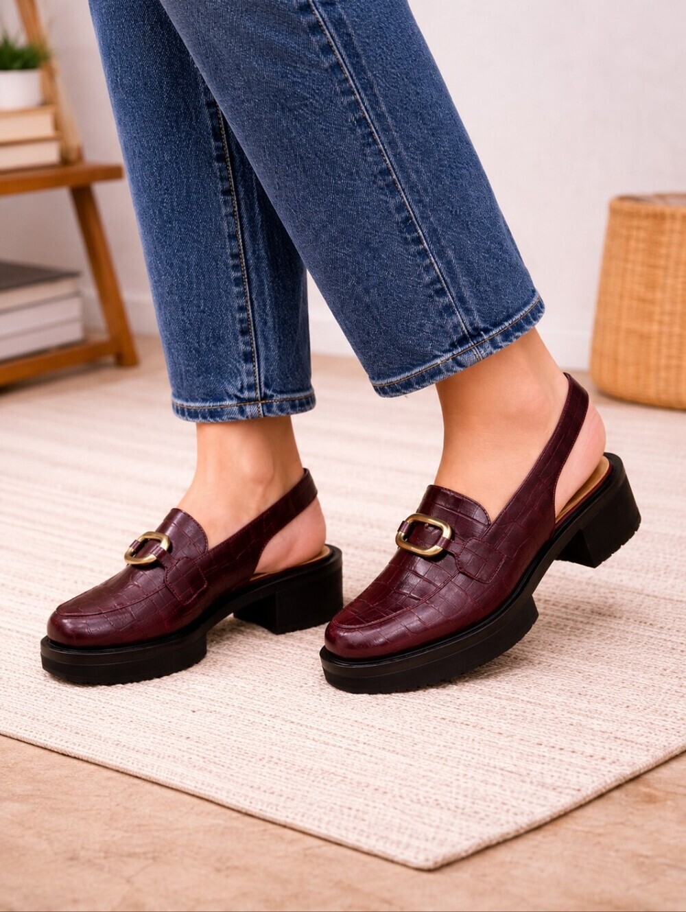 FRAME Croc Slingback Loafers Oxblood Chunky Platform Gold Buckle 6.5